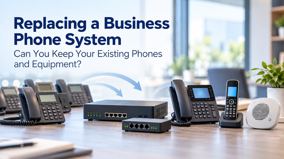 Replacing a business phone system: older desk phones, VoIP equipment, cordless phones, and paging devices.
