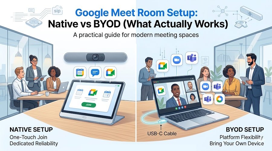 Google Meet Room Setup: Native vs BYOD (What Actually Works) - The Telecom Spot