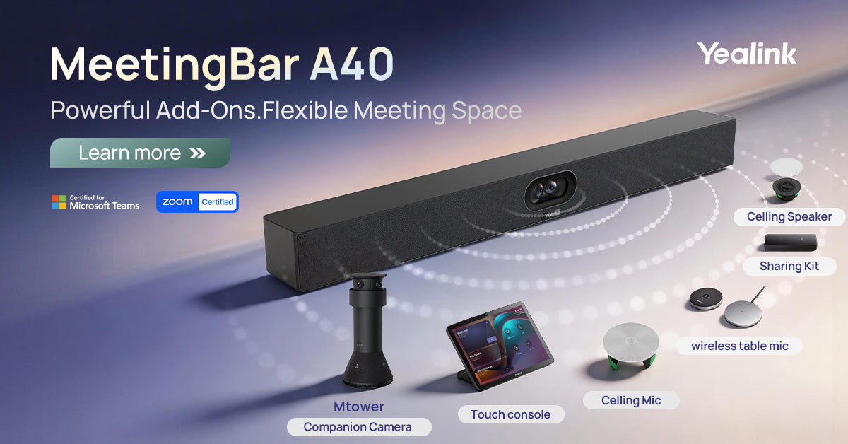 Yealink MeetingBar A40 with add-on accessories including ceiling microphone, wireless table mic, sharing kit, and companion camera.