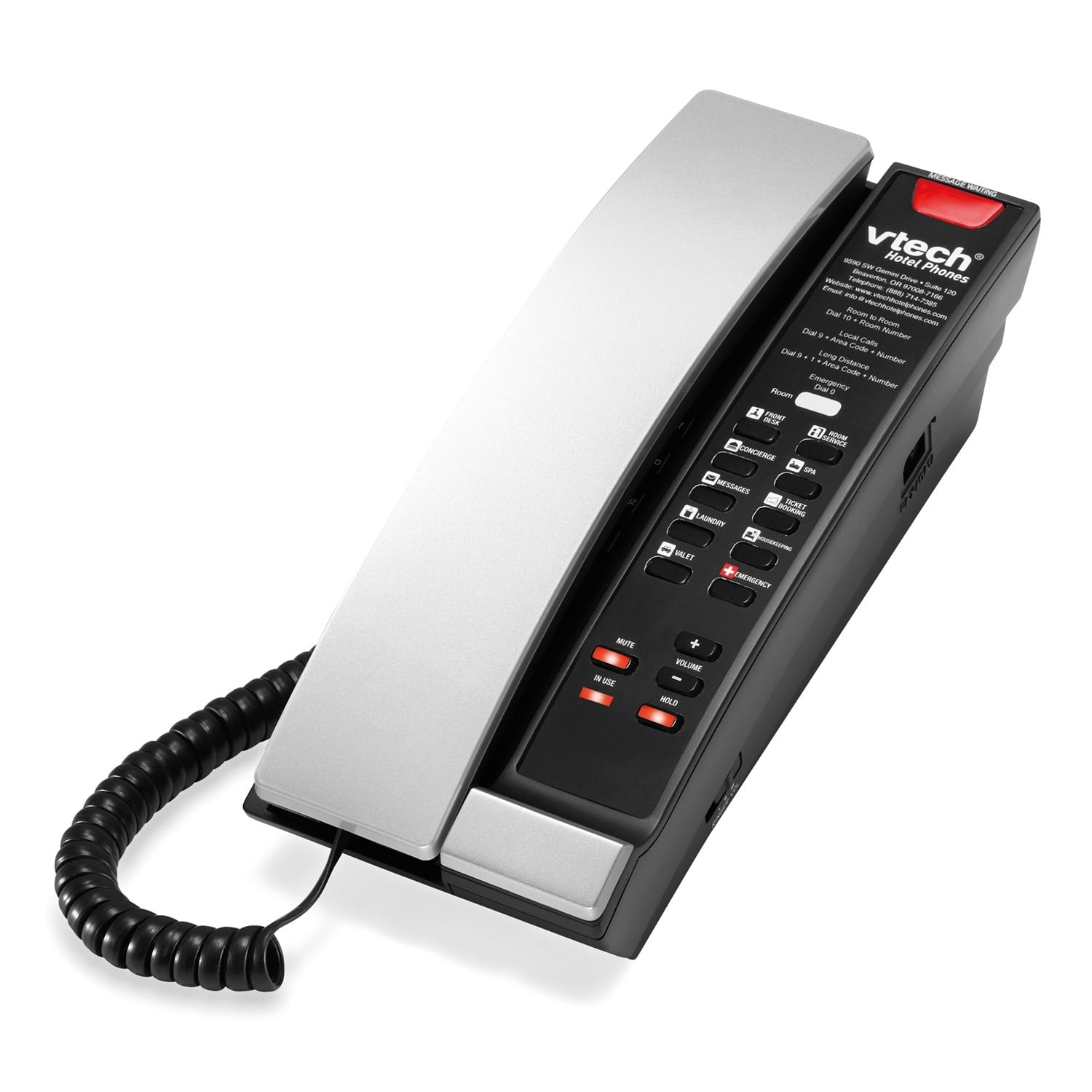 VTech Hospitality A2211 Silver & Black Contemporary Analog 1 - Line Corded Lobby Phone (80 - H0A7 - 00 - 000) 80-H0A7-00-000 - The Telecom Spot