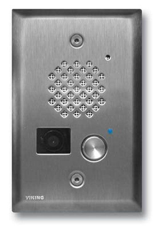 Viking Electronics Stainless Steel Entry Phone with Color Video Camera Auto Disconnect Blue LED Flush Mounts in Single Gang Box or Surface Mount with an Optional VE-3x5 E-50-SS - The Telecom Spot