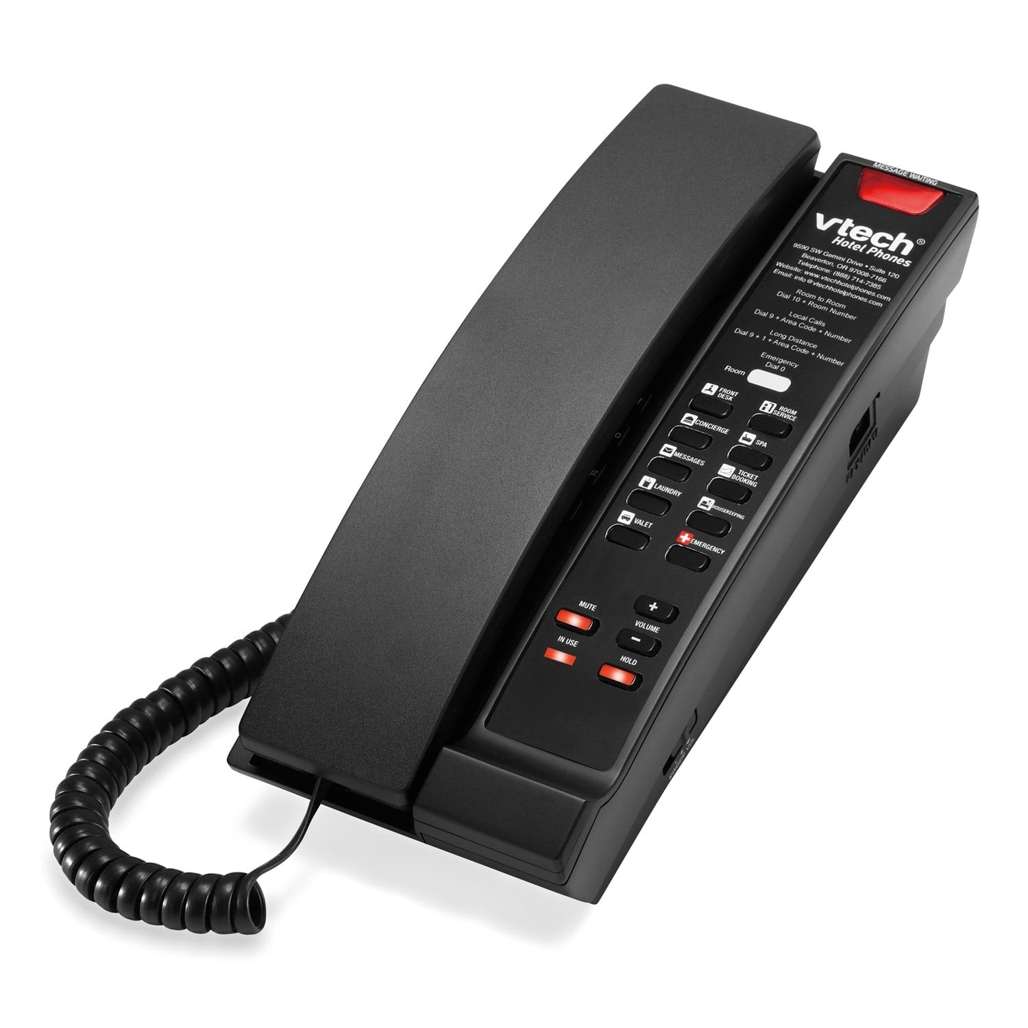 VTech Hospitality A2211 Matte Black Contemporary Analog 1 - Line Corded Lobby Phone (80 - H0A7 - 13 - 000) 80-H0A7-13-000 - The Telecom Spot